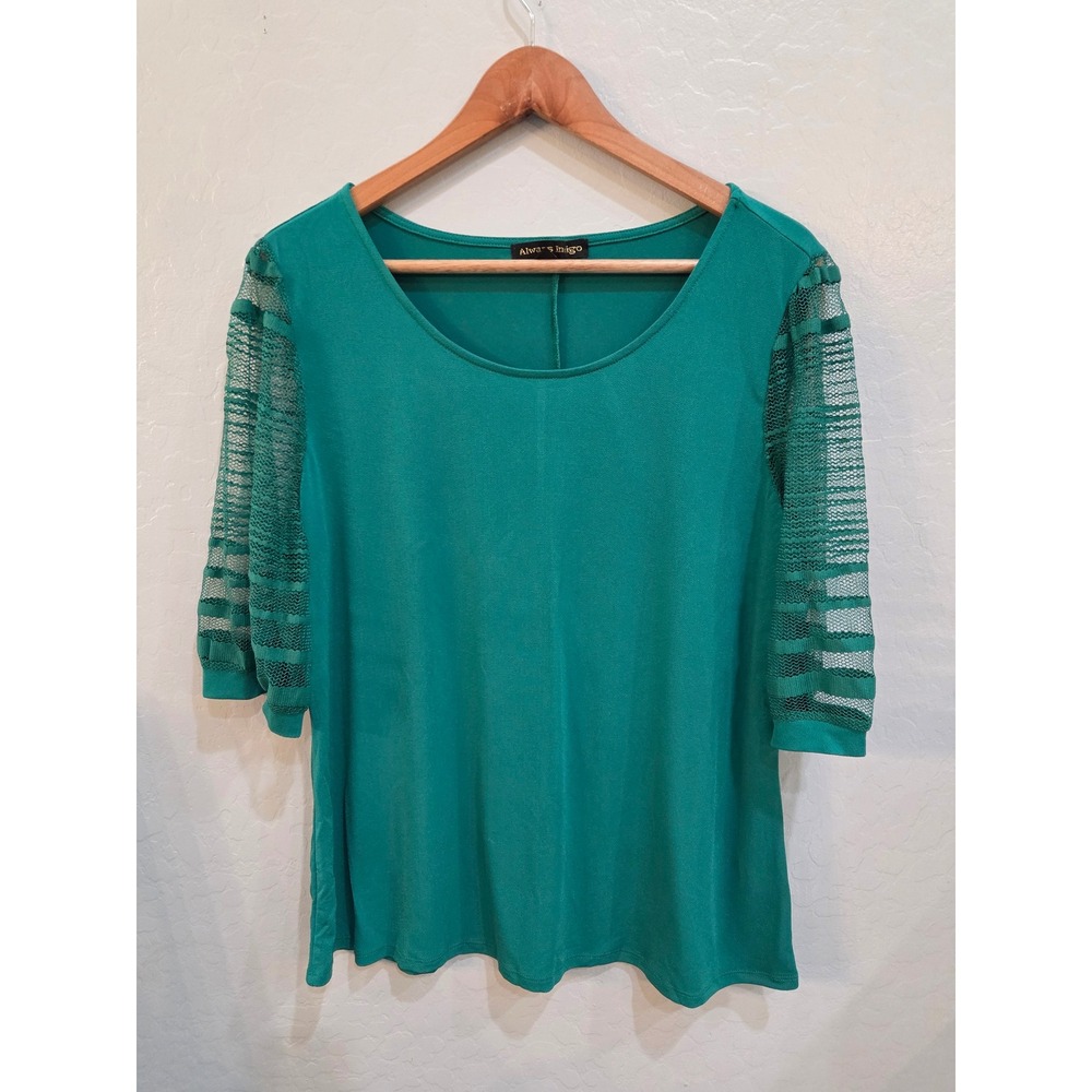 Always Indigo Green Lace Sleeve Scoop Neck Blouse Top Womans Flowy XL M5850K